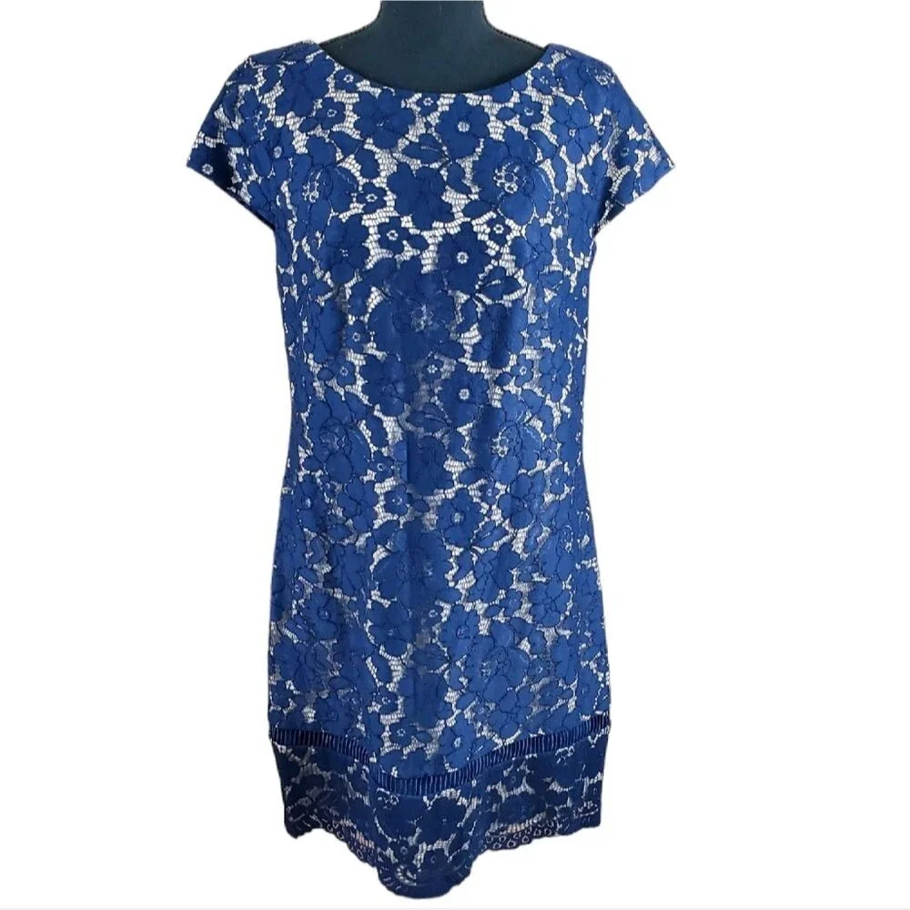 VINCE CAMUTO Blue Lace Overlay Fit & Flare Dress Size 10 Cap Sleeve Back Zip